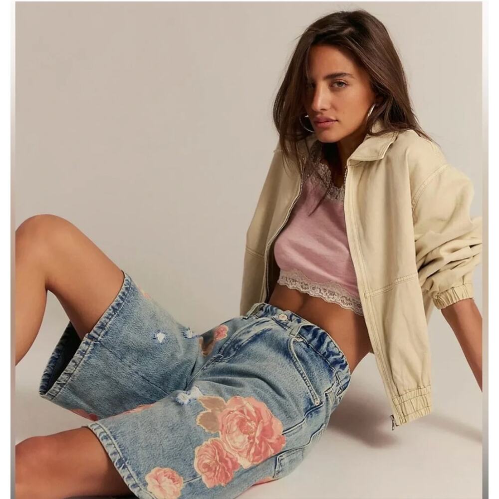 Free People Garden State Long Shorts 31 Denim Floral Distressed Y2K Boho - Picture 4 of 13